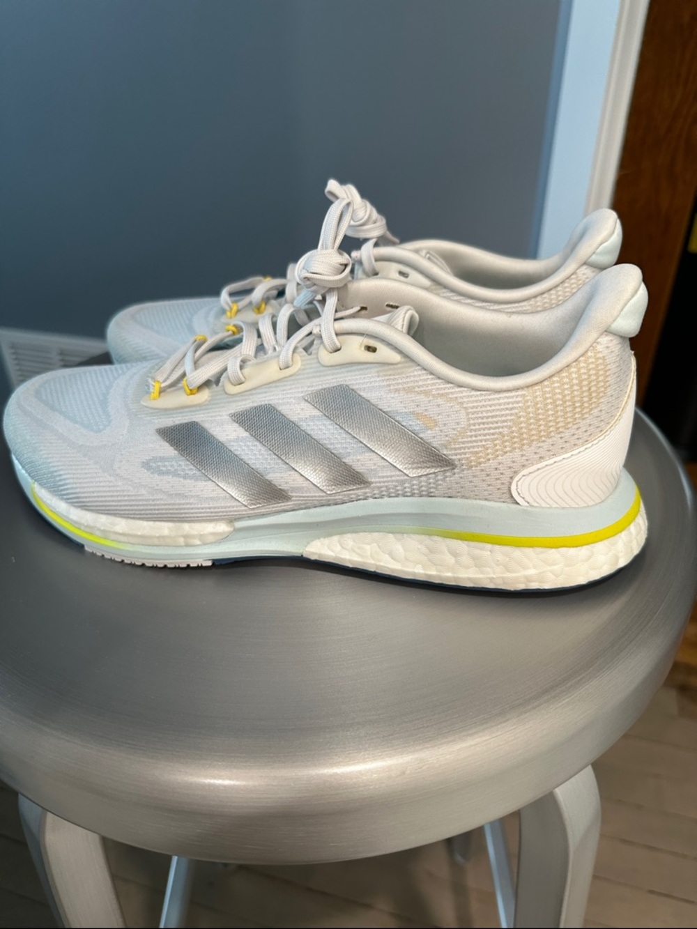 adidas Women's White Sneakers with Silver Stripes and Yellow Accents